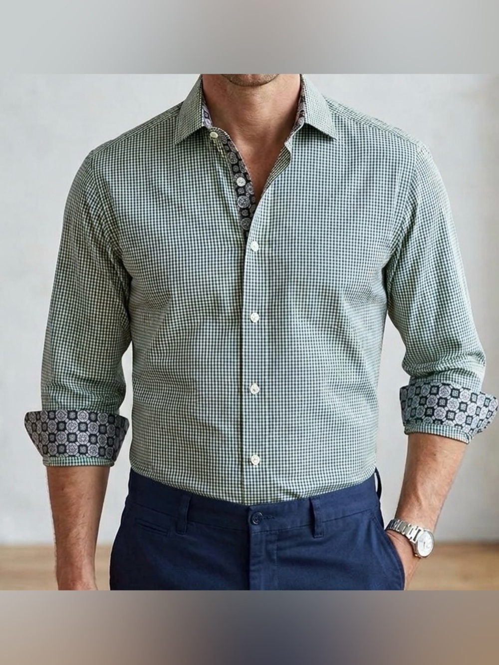 Bristol & Bull Blue Lime Gingham Dress Shirt Contrast Geometric Flip Cuffs